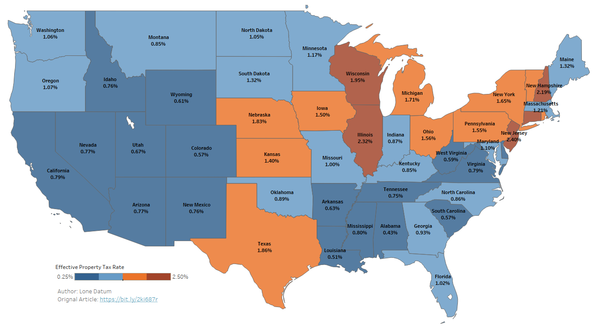 Карта ставок налога на недвижимость в США. Коричневый цвет - самая высокая ставка.